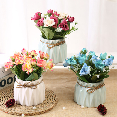 Shop Office Showcase Decoration Simulation Potted Small Ornaments Greenery and Fake Flowers Plant Living Room Artificial Flower Wholesale