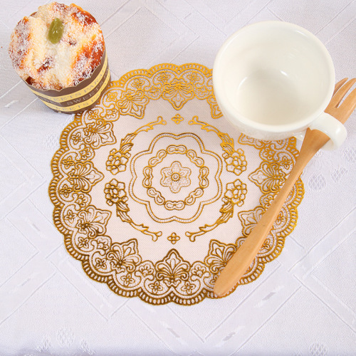creative waterproof non-slip round table placemat printing environmental protection soup plate mat pvc hot gold and silver coaster insulation mat hollow out