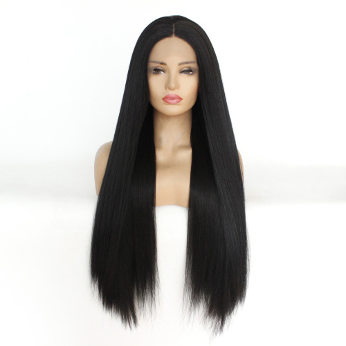 wig european and american black medium and long straight hair hand-woven high temperature silk chemical fiber wig front lace head cover factory direct