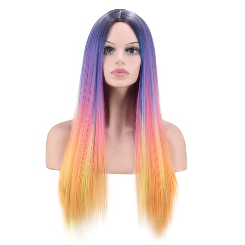 european and american new four-color dyed gradient wig long straight hair hot selling fashion women‘s mid-length wig， factory direct sales