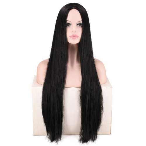 Foreign Trade Best Seller in Europe and America African Wig Female Natural Black Center-Parted Bangs Long Straight Hair Wig Head Cover Factory Direct Sales
