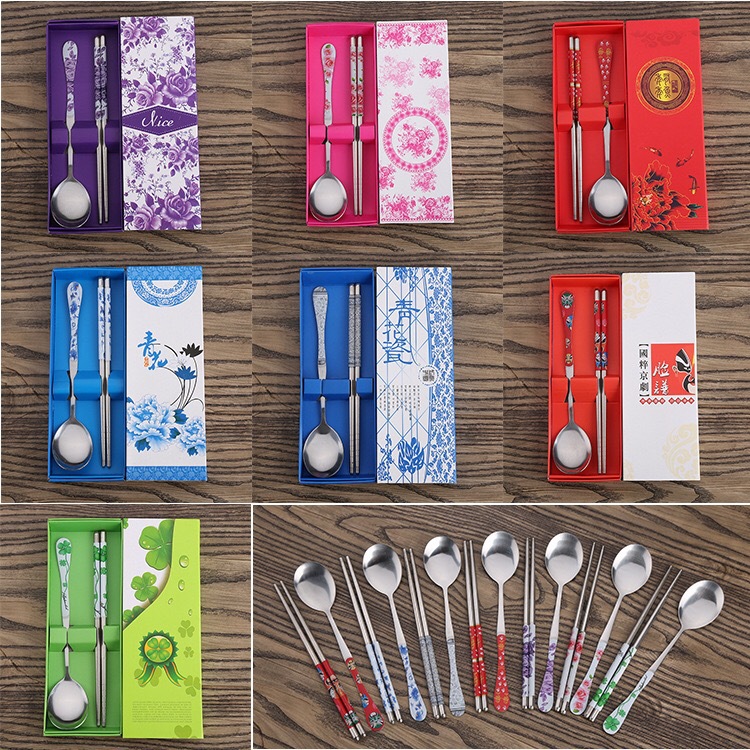 不锈钢餐具套笑脸青花瓷2件套 儿童勺筷两件套定制LOGO餐具套装