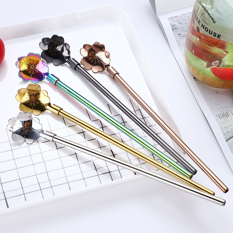 304 Stainless Steel Straw Spoon Flowers Straw Spoon Milk Tea Long Stirrer Amazon Creative Mixing Spo
