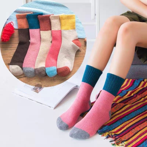 Winter Ethnic Style Double Needle Four Colors Color Stitching Thickened Warm Rabbit Wool Socks Ladies Terry-Loop Hosiery Female Socks Wholesale