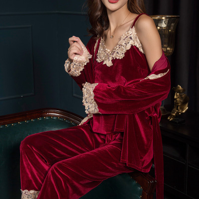 Spring and Autumn Gold Velvet Three-Piece Pajamas Can Be Worn outside in Autumn and Winter Sexy Overall Dress Set Homewear