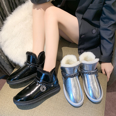 New Winter Internet Celebrity Snow Boots Women's Patent Leather Surface Waterproof Cotton Shoes Flat Bottom Fleece-Lined Student Glossy Short Boots