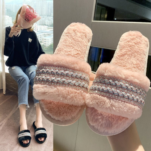 Fluffy Slippers Women‘s Outdoor Wear Autumn and Winter New Woven Rhinestone One-Word Non-Slip Flat Pregnant Women Plush Cotton