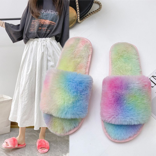 Rainbow Cotton Slippers Plush Shoes Women‘s Home Indoor Warm Cute Plush Non-Slip Soft Bottom Home Autumn and Winter 