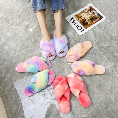 autumn and winter new fashion plush slippers rainbow heel band elastic band plush slippers women‘s cotton slippers