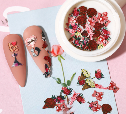nail art valentine‘s day rose flower mixed cupid nail diy accessories jewelry wood pulp piece