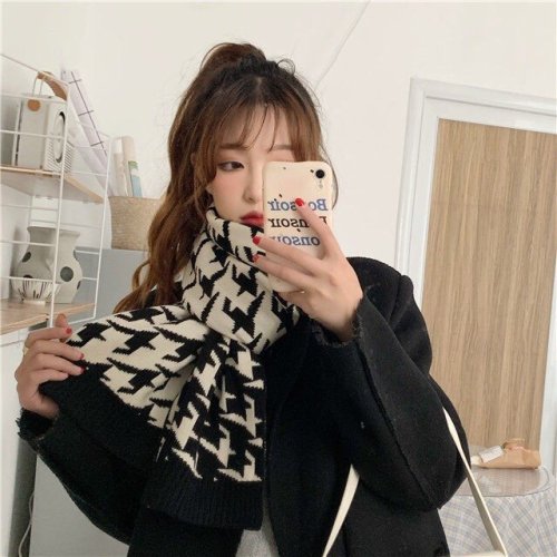 dongdaemun houndstooth scarf female autumn and winter korean style versatile trendy female student warm knitted scarf for men and women couples