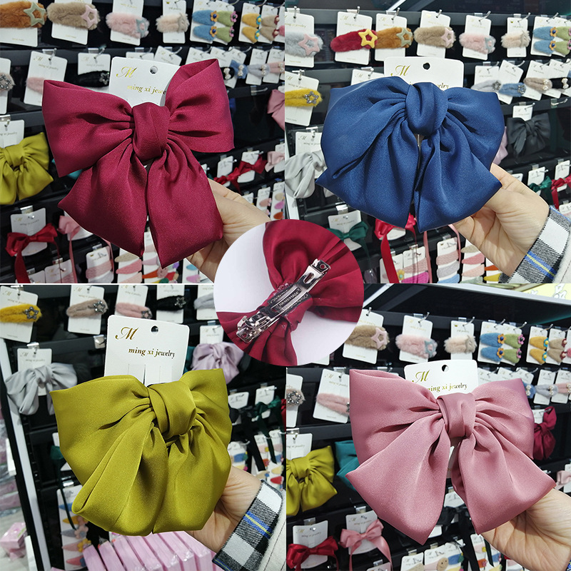 Satin Oversized Double Bow Spring Clip Barrettes Korean Vers...