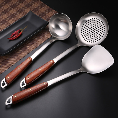 304 Stainless Steel Spatula Soup Spoon and Strainer Iron Spatula Long Handle Thickened Spatula Spatula Wooden Handle Anti-Scald Kitchenware