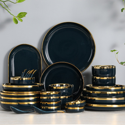 Nordic Internet Celebrity Tableware Set Ceramic Bowl Dish Plate Golden Edge Green Household Rice Bowl Factory Direct Sales