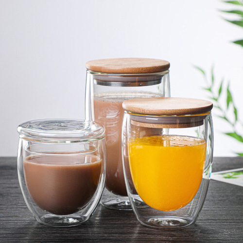 heat-resistant glass double-layer cup bamboo cover glass egg-shaped cup household cold drink milk cup office coffee cup