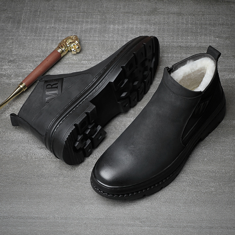 New Winter First Layer Cowhide Wool Men's Cotton Shoes Fleece-Lined Warm Martin Boots Leather S