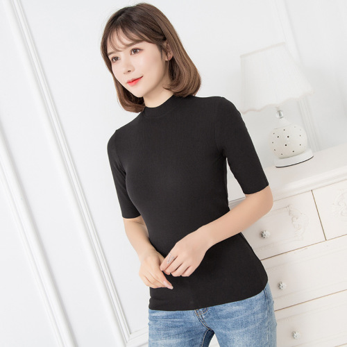 2020 Autumn and Winter New Thermal Underwear Women‘s Mid-Collar Mid-Sleeve Rib Slim Elastic Bodybuilding Bottoming Top Generation Wholesale