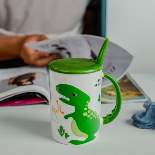 Factory Wholesale Ceramic Creative Dinosaur Mug with Lid and Spoon Kit Water Cup 