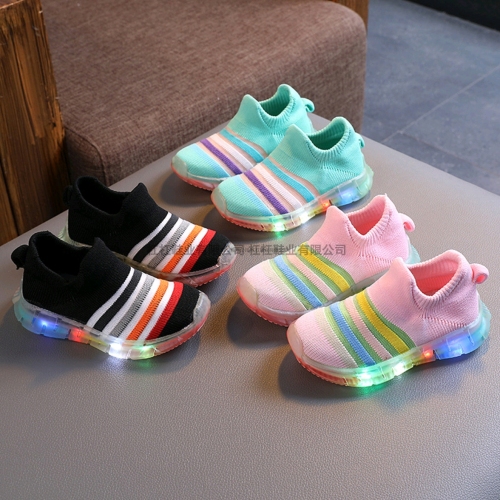 new children‘s shoes striped sock shoes flying woven children‘s sneakers led flashing lamp soft bottom baby shoes factory direct sales