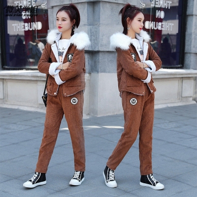 Fashion Suit 2020 Winter Corduroy Lamb Wool Hooded Coat Women's Thickened Two-Piece Suit Casual Pants Western Style Suit