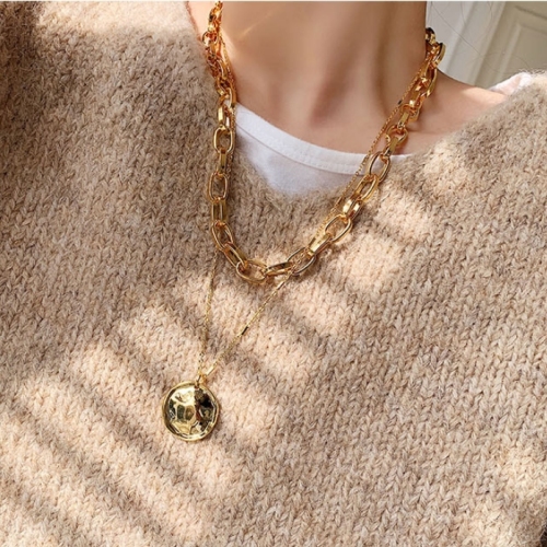 european and american new round pendant necklace for women niche design internet hot fashionable mix and match clavicle chain multi-layer sweater chain
