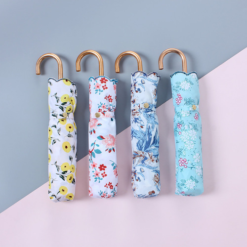 Spot Goods Korean Floral Curved Handle Hook Digital Printing Sunshade Umbrella Dual-Use Ladies Umbrella Wholesale