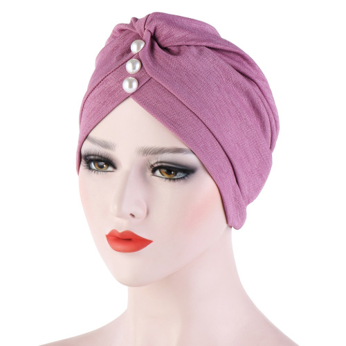 Foreign Trade New 6-Color Bamboo Linen Forehead Pleated Tam-O‘-Shanter Three Pearls Muslim Hooded Cap Indian Hat