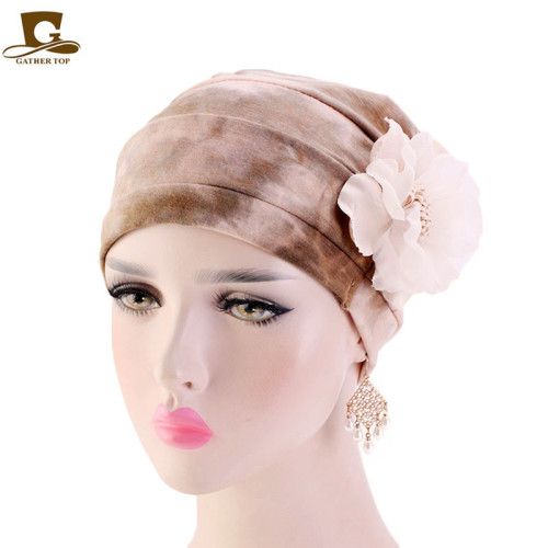 foreign trade new women‘s tie-dyed headscarf hat macaron flower pullover hat modal cotton tjm-407a