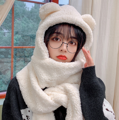 New Korean Style Three-Piece Set Hooded Women's Thickened Warm and Cute Bear Hat Scarf Gloves Integrated Scarf Winter