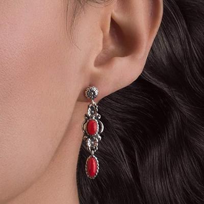 Rongyu New Retro Decorative Flowers Turquoise Earrings European and American Thai Silver Red Coral Turquoise Earrings