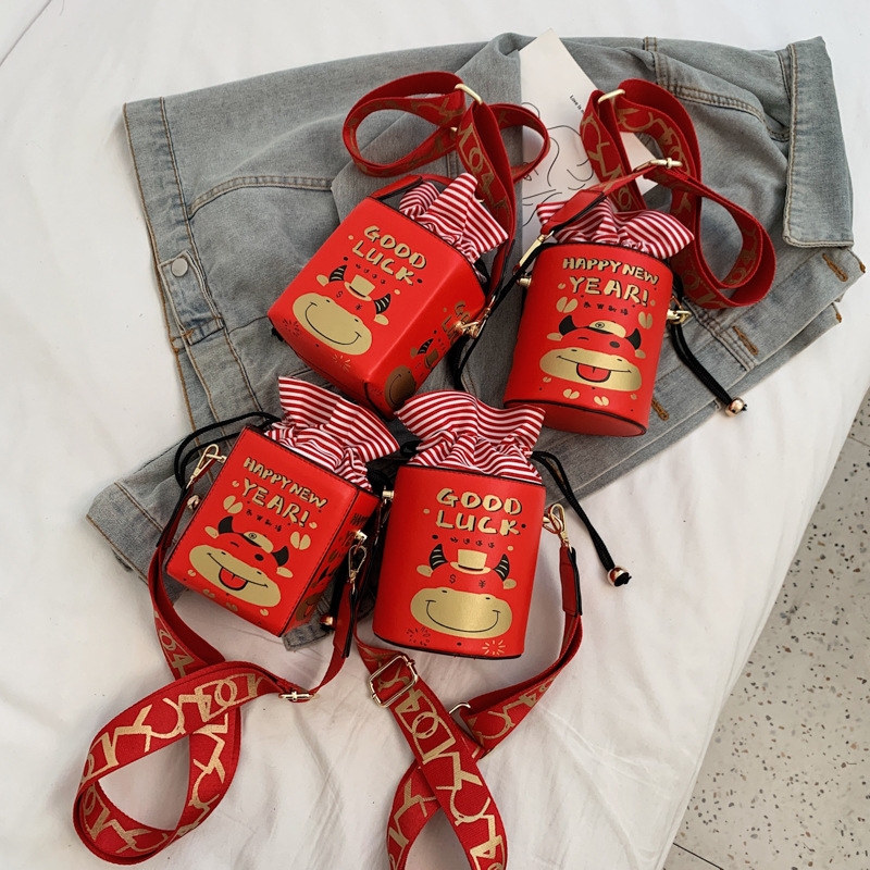 Children's Bag Cute Calf New Year Red Envelope Wide Shoulder Strap Shoulder Crossbody Bucket Ba