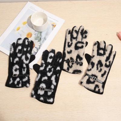Thickened Warm Printing Black Winter Finger Gloves Universal Touch Screen Spot Plaid Leather Gloves