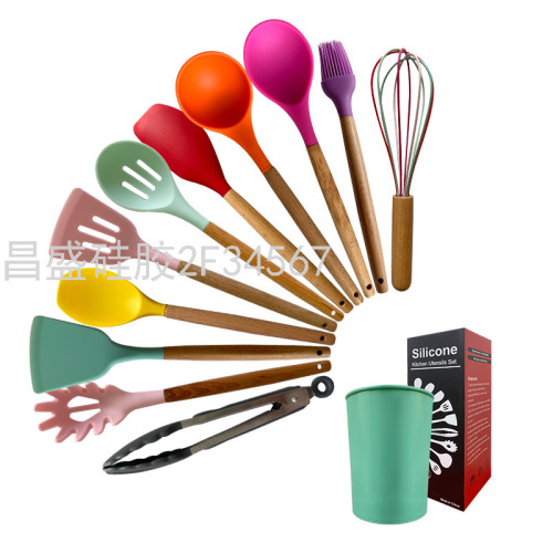 wooden handle silicone kitchenware set non-stick pan special beech 11-piece storage bucket set