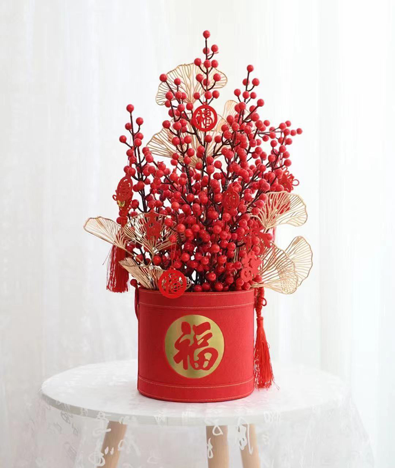 红色福桶花瓶红果冬青银柳插花盆年宵花卉福字抱抱桶