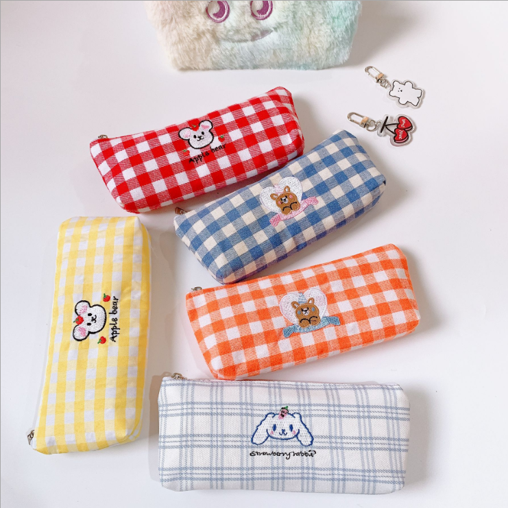 Cartoon Pencil Case Pencil Bag Pencil Case Stationery Case New Canvas Pencil Bag  Simple Plaid Penci