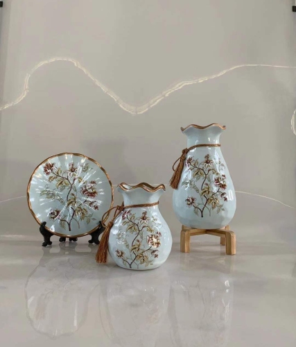 美式复古陶瓷花瓶三件套插花摆件客厅酒柜装饰品博古架摆件