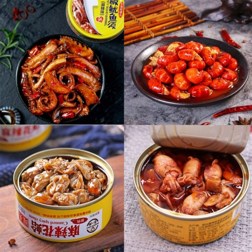 Whole Box Wholesale Internet Celebrity Spicy Mini Sea Food Emperor Eight Immortals Venerupis Philippinarum Lobster Octopus Canned Stall Seafood Snacks