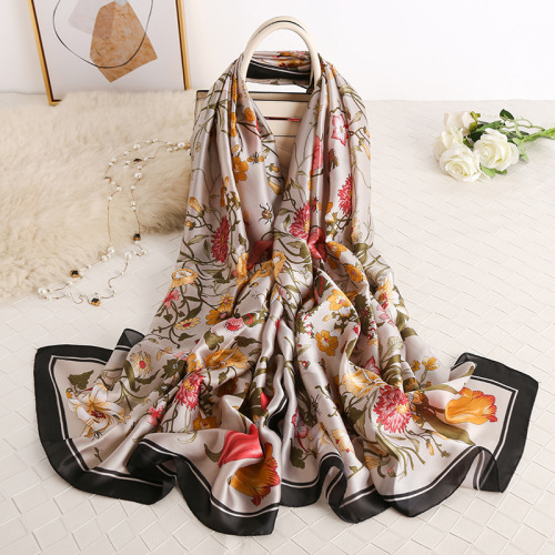 Silk Scarf Classical Style Imitation Mulberry Gift Elegant Women‘s Spring and Summer Silk Scarf Long Satin Decorative Shawl