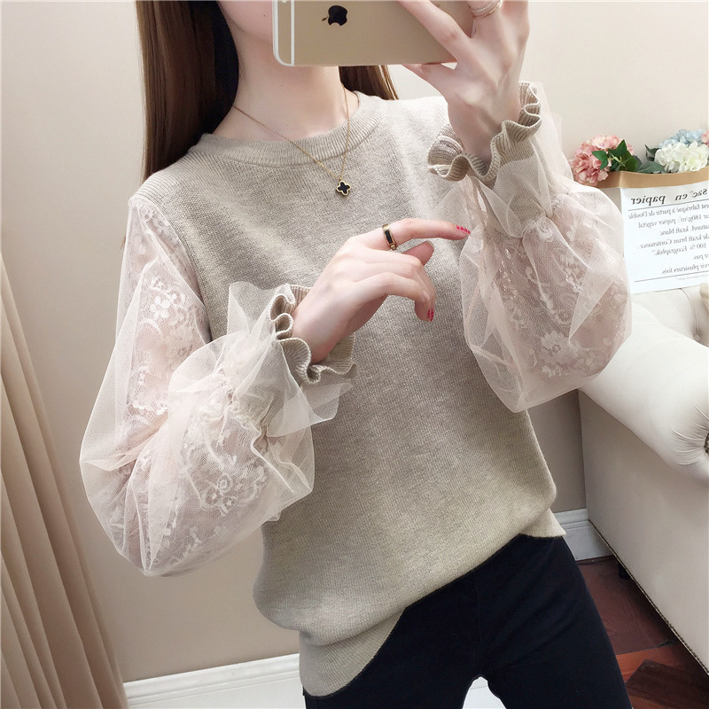 2020 Autumn and Winter New Bottoming Shirt Korean Style Lace Mesh Patchwork Sweater Versatile round