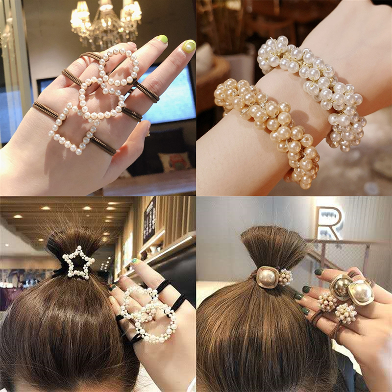 Dongdaemun Same Product Pearl Hair Rope Female with Hearts Korean Head Rope Internet Celebrity Hair