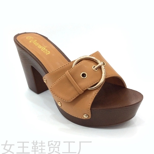 summer women‘s high heel platform high heel sandals women‘s wood-like chunky heel shoes high heel slipper