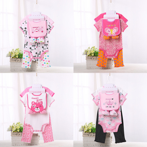 Cross-Border Hot Baby Spring and Summer Romper Cotton Printed Saliva Towel Set Five-Piece Jumpsuit for Boys and Girls