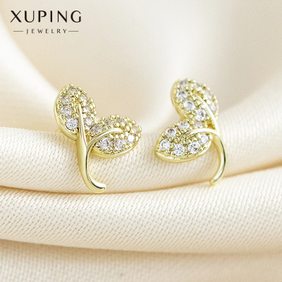 Xuping Jewelry New 14K Gold Artificial Gemstone Leaf Earrings Copper Alloy Simple 925 Silver Stud Earrings Female
