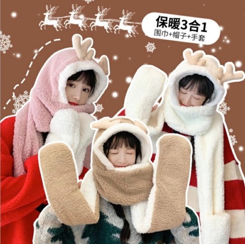 autumn and winter plush hat warm fleece-lined hat cute antler toe cap scarf integrated ear protection scarf set