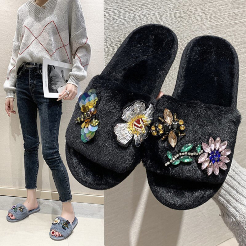 new korean casual cotton slippers women‘s outdoor fashion flower slippers women‘s cute plush home fur open toe