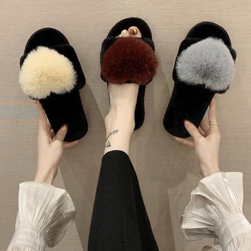 Cotton Slippers Women‘s Love Home Indoor Non-Slip Plush Fur Open Toe Floor Slippers