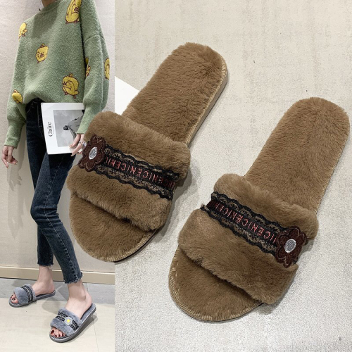 furry slippers women‘s outdoor wear new fashion office home shoes non-slip warm cotton slippers foreign trade open toe