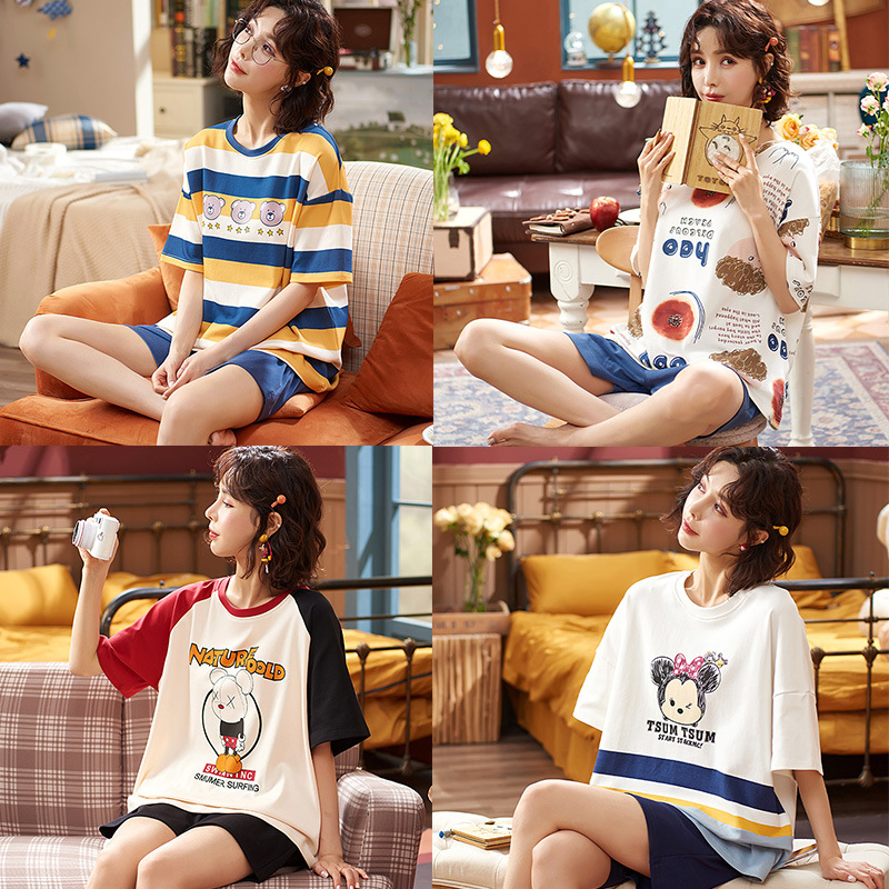 Short Sleeve Pajamas Women's Summer Loungewear Suit Casual Korean Style round Neck Cartoon Love