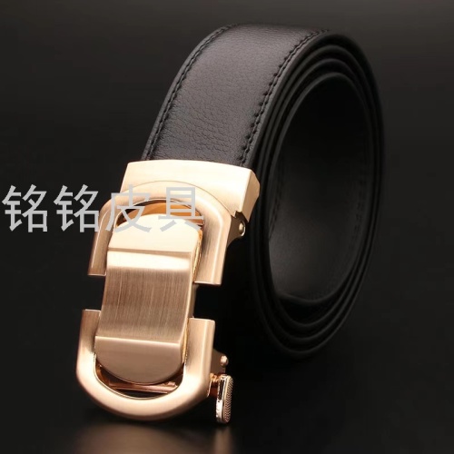 [Customization Supported Logo] Men‘s Automatic Buckle Covered Soft Surface Leather Belt Young and Middle-Aged Pant Belt Factory Wholesale