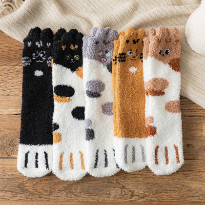 Socks One Ear Embroidery Lucky Cat's Paw Coral Fleece Home Sleeping Socks Microfiber Socks Wholesale